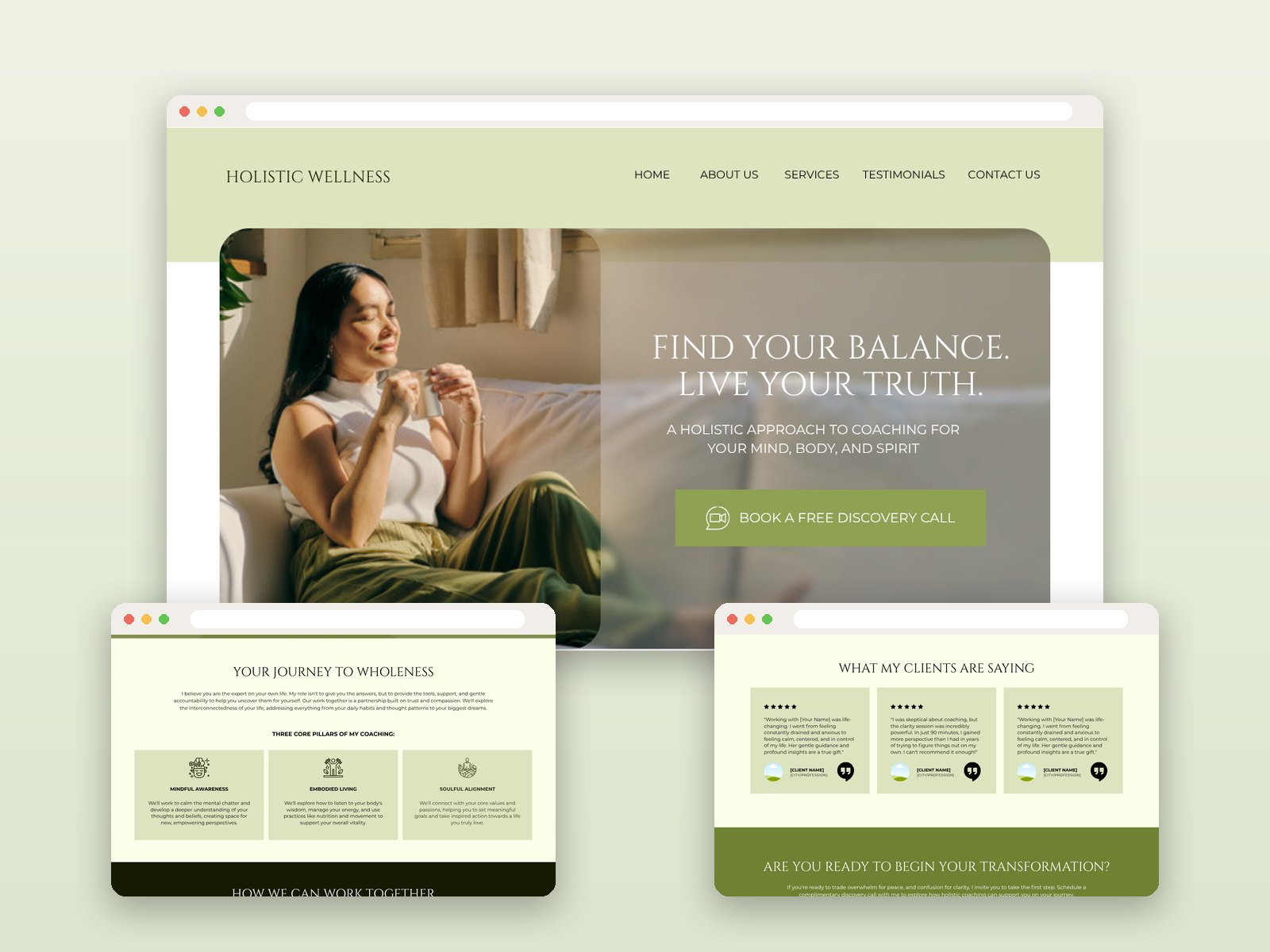 Holistic wellness coach website template shown in a browser
